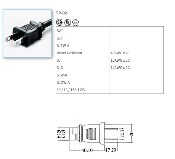 TP-02 UL/CSA Standard Power Supply Cords